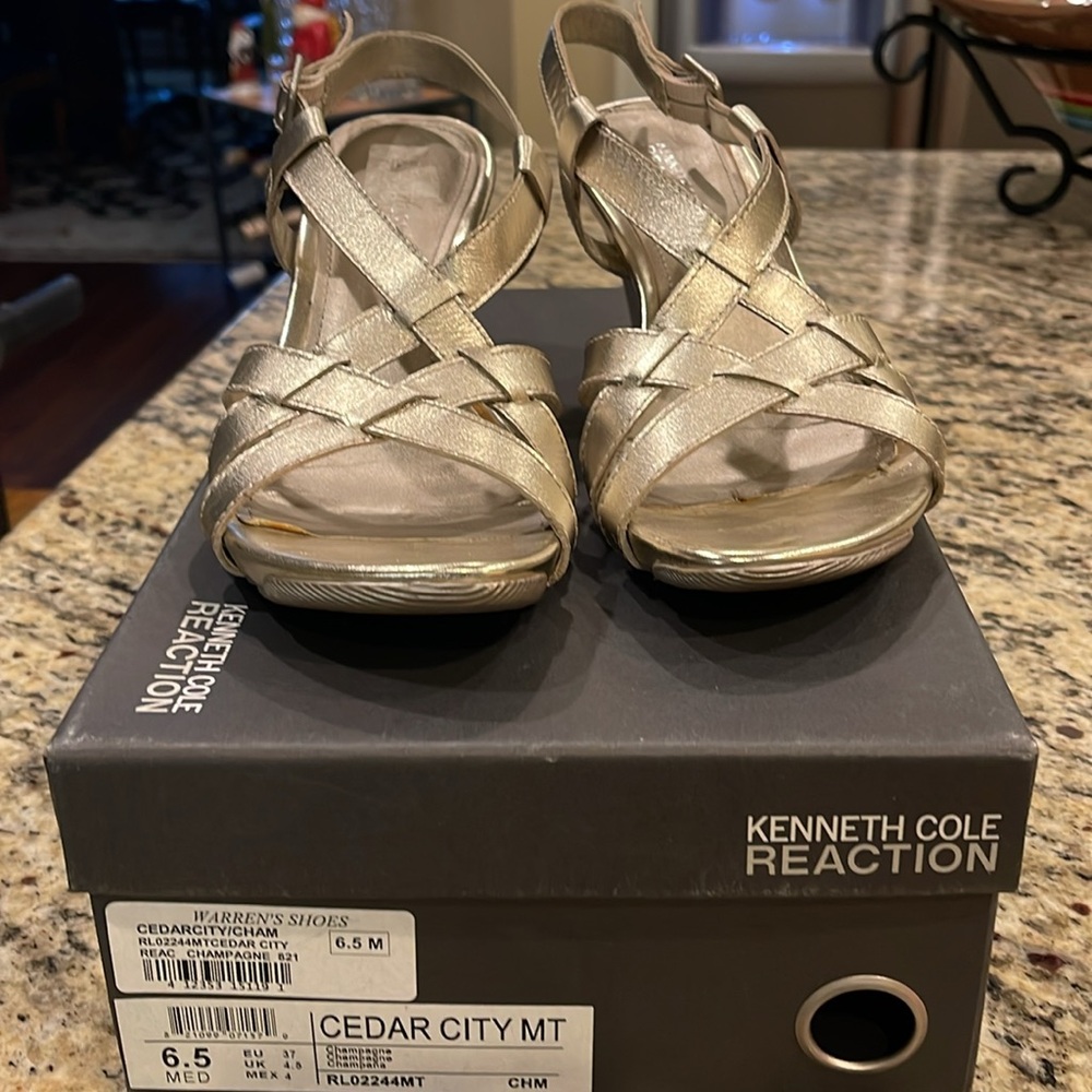 Kenneth Cole Reaction size 6.5 champagne metallic strappy wedge sandals.